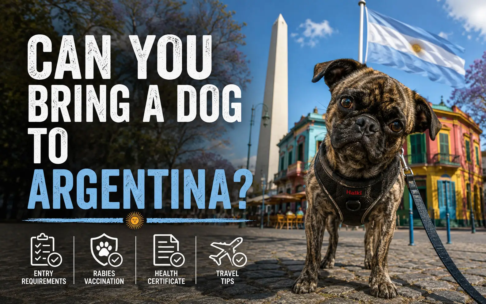Picture of Beckham the brindle pug standing in a square in Buenos Aires
