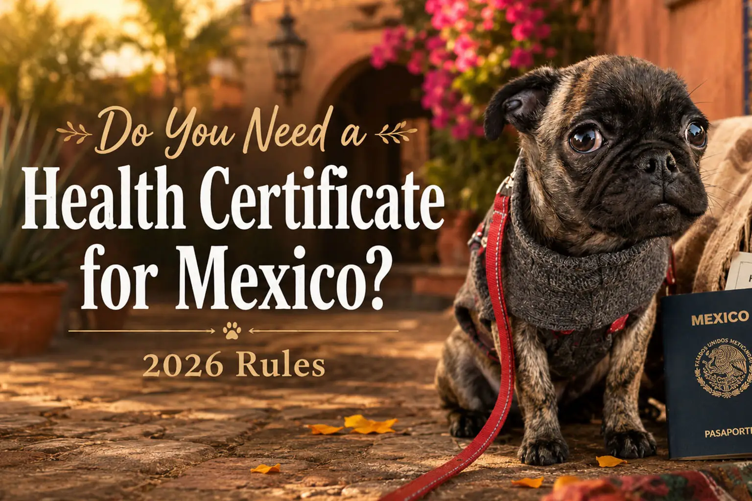 Baby Beckham the pug sitting beside Mexico travel documents and a health certificate in a Mexican courtyard
