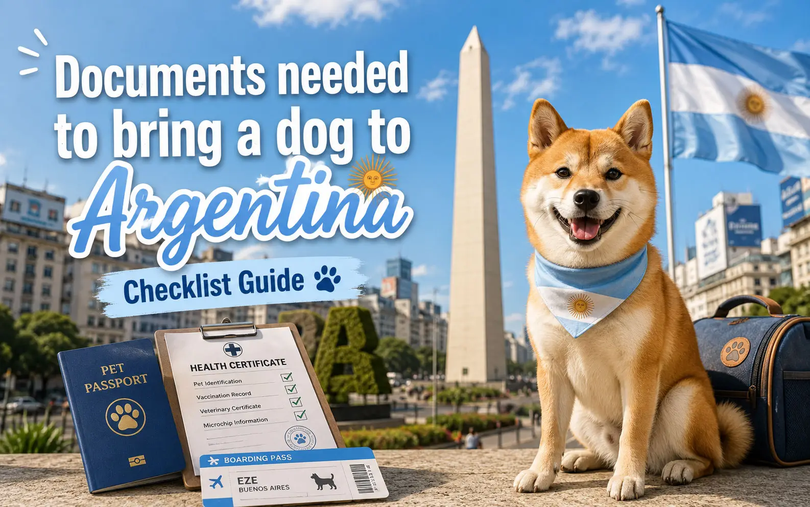 Picture of a Shiba Inu in front of a monument in Argentina