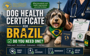 Dog wearing a brazil bandana getting health certificate at the vet