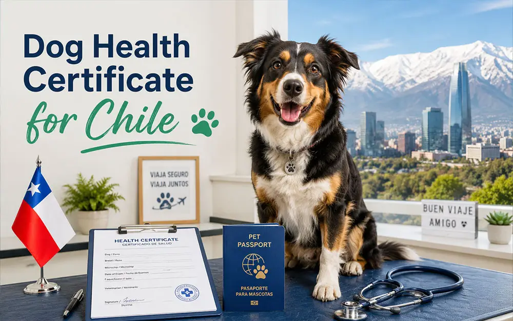 picture of a dog in a veterinarian office getting a health certificate for Chile