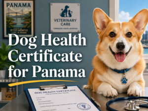 Welsh Corgi in a veterinarian office getting health certificate for Panama