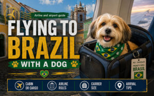 terrier mix sitting in a carrier case with a Brazilian skyline behind him