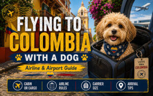 Small cute dog in soft sided airline carrier flying to Colombia