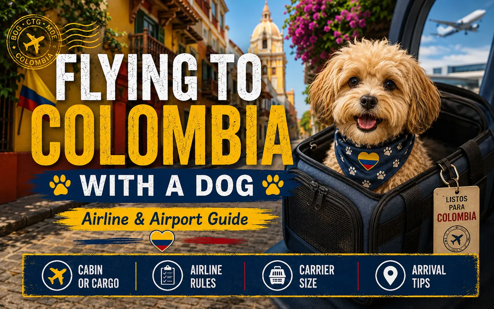 Small cute dog in soft sided airline carrier flying to Colombia