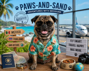 Beckham the pug at an airport with travel gear, illustrating the step-by-step process of bringing a dog to Mexico