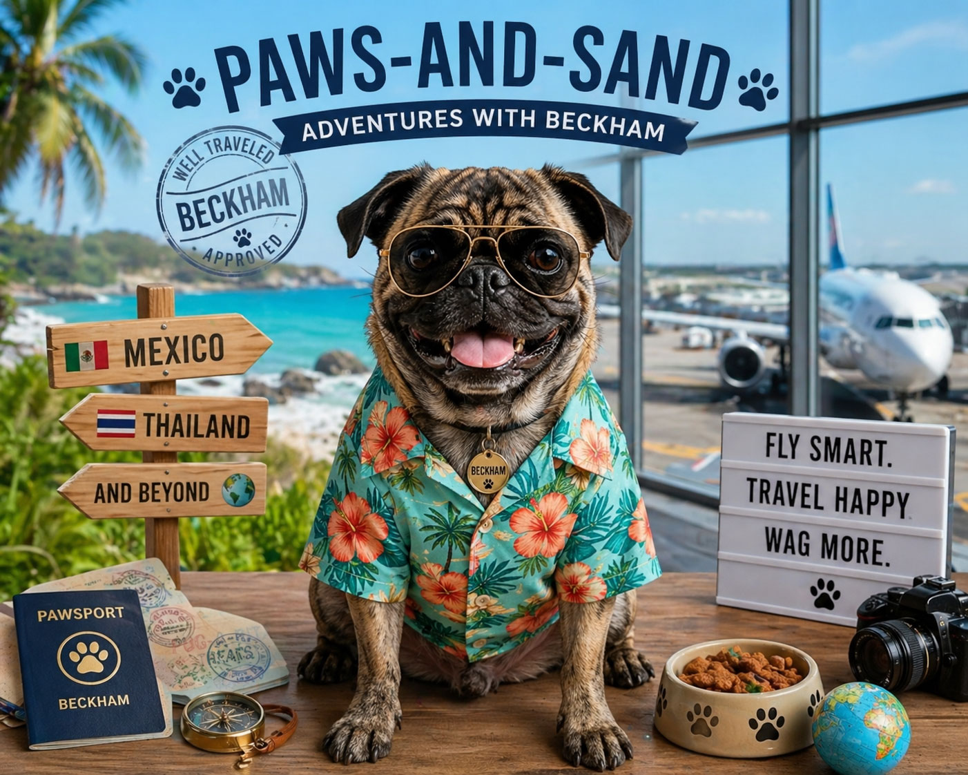 Beckham the pug at an airport with travel gear, illustrating the step-by-step process of bringing a dog to Mexico