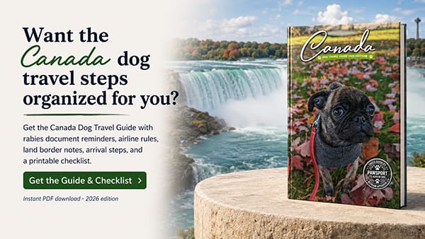 picture of the Pawsport to Adventure Canada Dog Travel Guide for 2026 in front of Niagra Falls