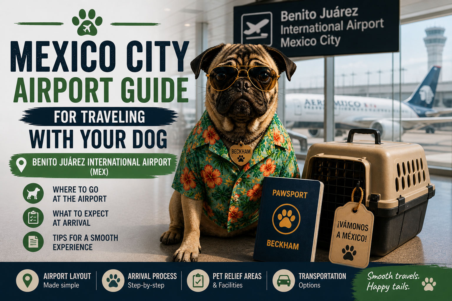 Beckham the pug at Mexico City Airport (Benito Juárez) with travel carrier, illustrating dog travel through the airport