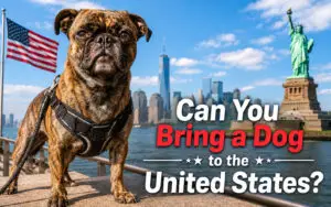 Beckham the gold brindle pug standing in the shadow of the Statue of Liberty in New York