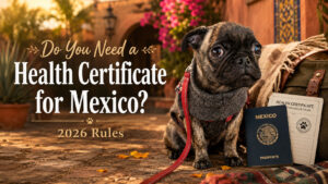 Baby Beckham the pug sitting beside Mexico travel documents and a health certificate in a Mexican courtyard