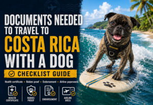 Beckham the brindle pug surfing a big wave in Costa Rica