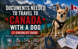 Chihuahua with travel documents in front of the Canadian Rocky Mountains in Alberta