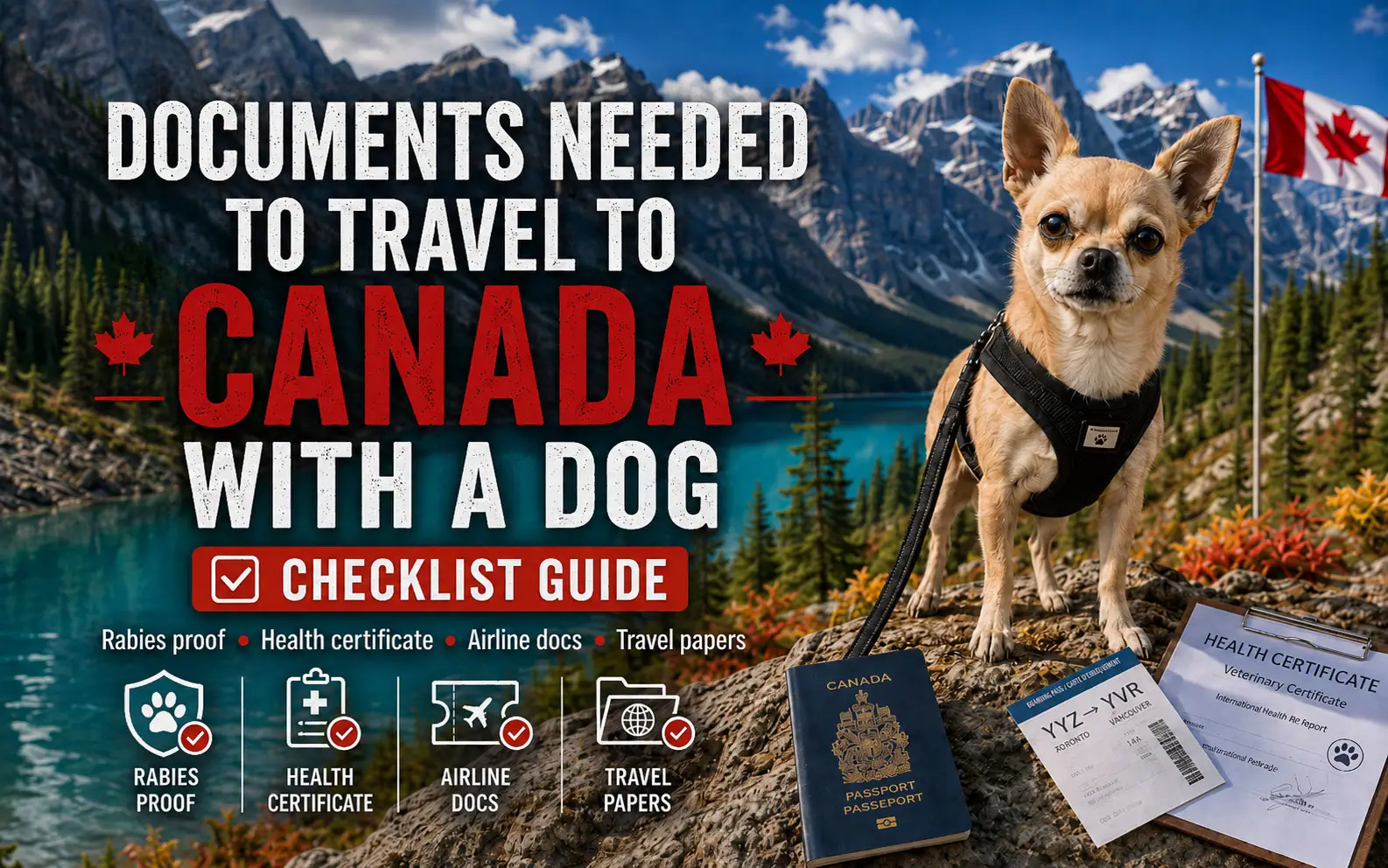 Chihuahua with travel documents in front of the Canadian Rocky Mountains in Alberta
