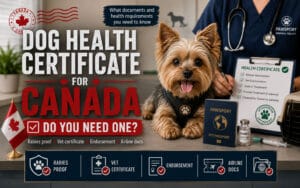 Golden Yorkie dog getting a vet checkup to go to Canada