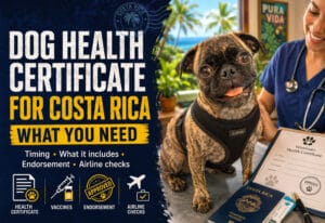 Beckham the dog at a veterinary appointment with health certificate paperwork for traveling to Costa Rica.
