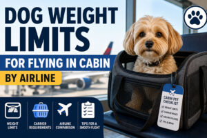 dog in carrier sitting in airport terminal
