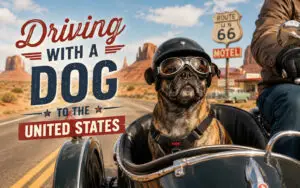 Beckham the pug in a motorcycle sidecar wearing a helmet and googles driving through the United States on route 66