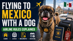 Beckham, a brindle pug, standing in an airport with a pet carrier and travel documents, with a Mexico flag and Mexico City landmark in the background.