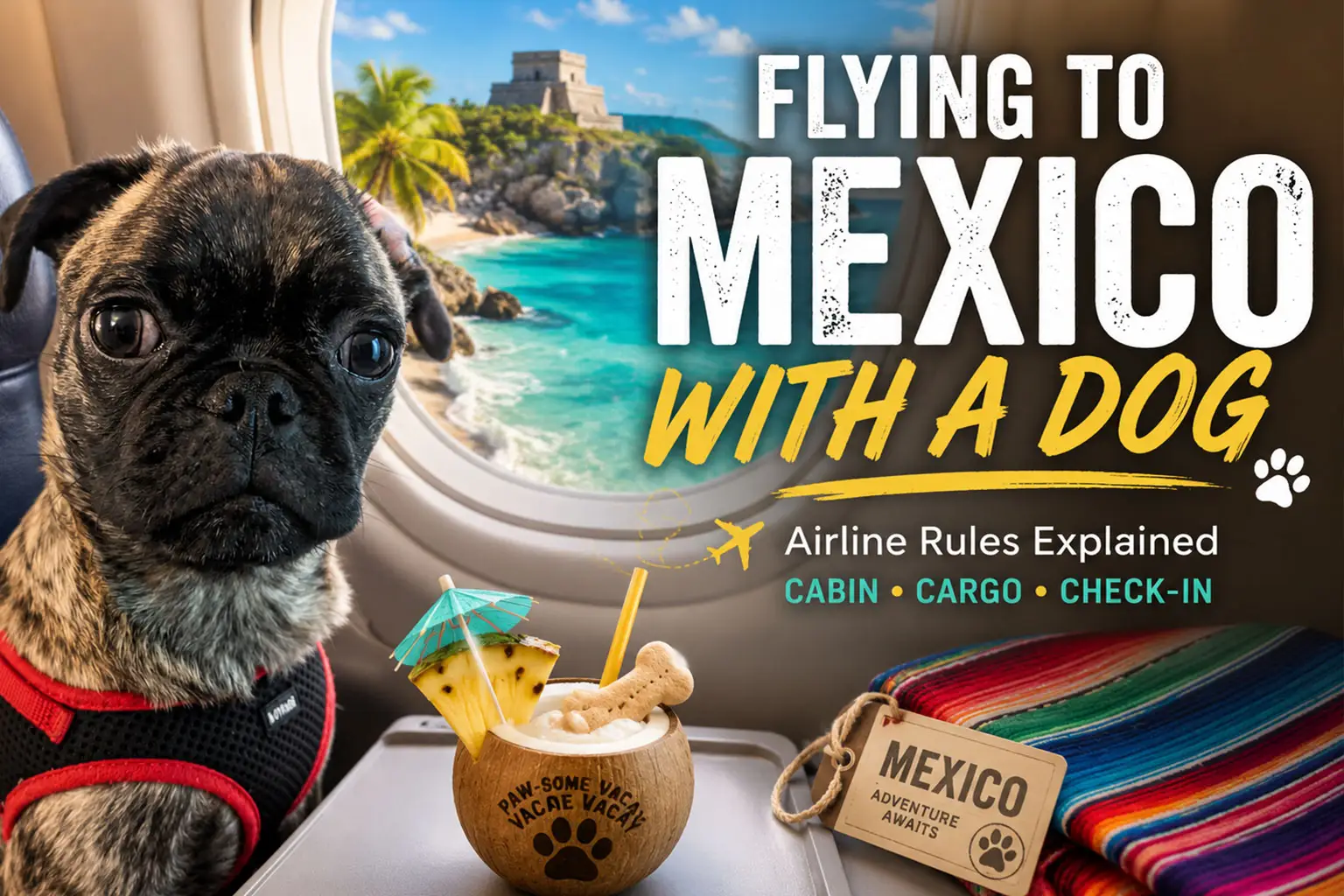 Beckham the pug on a flight to mexico sipping on a dog margarita