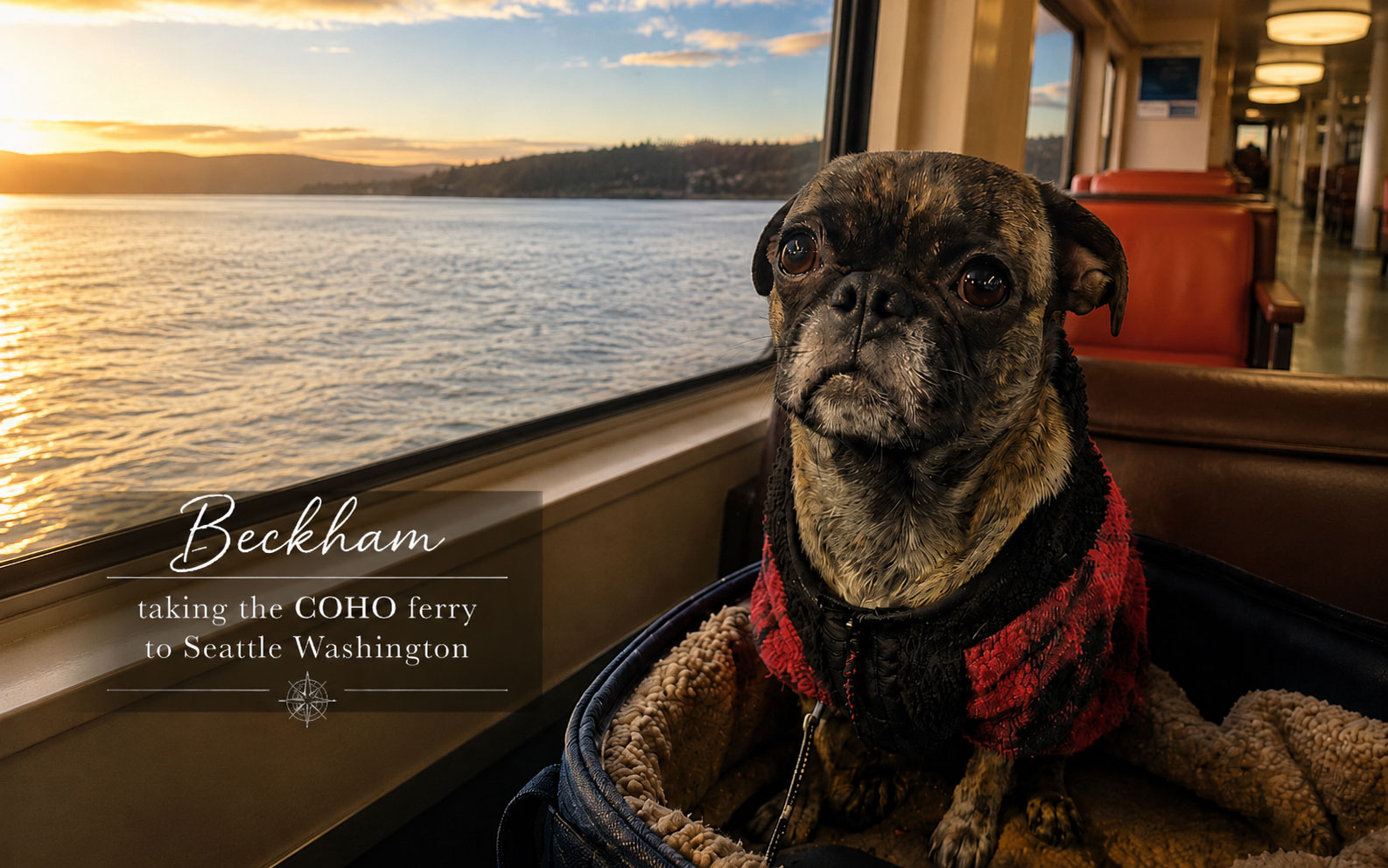 Beckham the pug on the COHO ferry from Victoria BC Canada to Seattle Washington USA