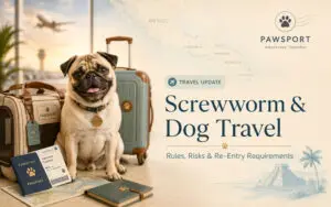 Picture of a pug in front of a suitcase in front of a map of the world